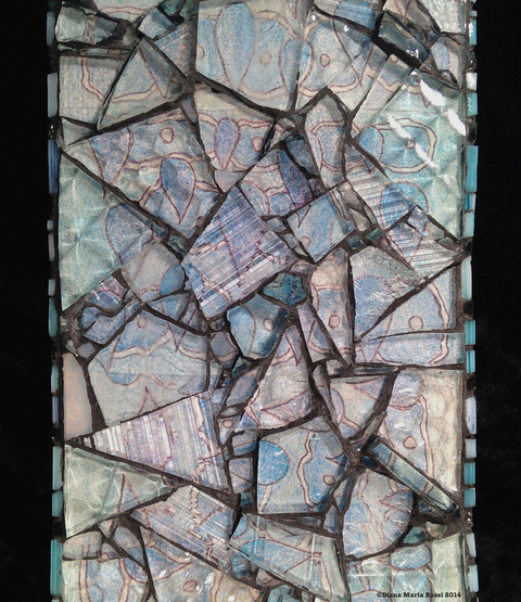 glass mosaic on wood/ drawing under glass/ very blue, winter and water like/ light blue