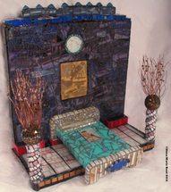  art glass mosaic on wood with photos, text, silkscreen reproduction, wire, bed and beads / interior scene/ purple with bed / view from the side