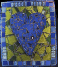 Picture of glass mosaic on wood blue heart  with text: speak truth /gird your loins