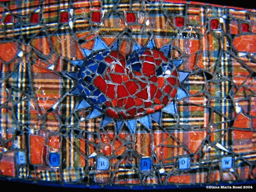 Picture of glass mosaic on wood heart detail red and blue with red plaid and text / civil war sorrow