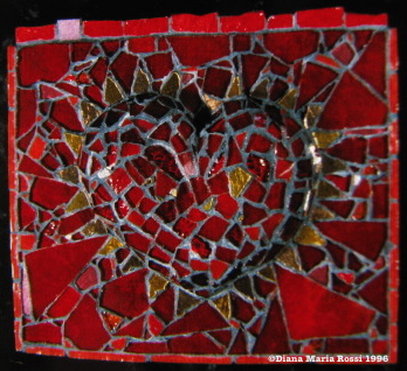 Picture of art glass mosaic on wood red heart with gold spokes on red background all really really red