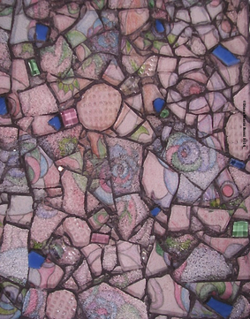 glass mosaic on wood / pink drawn wallpaper