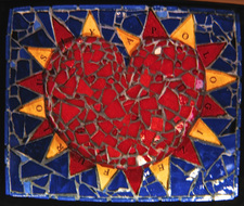 Picture of art glass mosaic on wood red heart with red and yellow spokes on cobalt blue background with text under spokes: apologize furiously