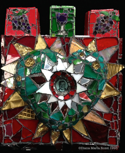 Picture of art glass mosaic on wood heart with photo of my grandpa Donato Rossi with grapes and wine glass in greens reds gold i love you Poppa!