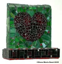 Picture of art glass mosaic on wood heart plaid green