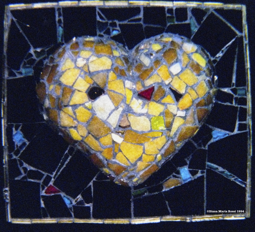 Picture of art glass mosaic on wood yellow heart