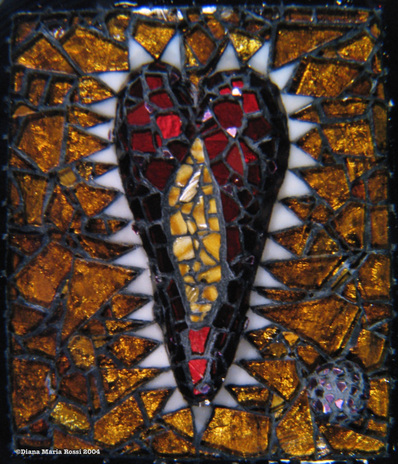 Picture of art glass mosaic on wood heart red gold