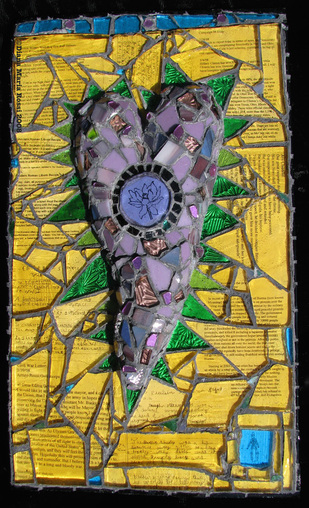 Picture of art glass mosaic on wood purple heart with lotus drawing in the middle and green spokes on yellow background with text including one drawing of a knight : text includes Roman libum recipe, civil war letter and various middle school assignments by Arturo
