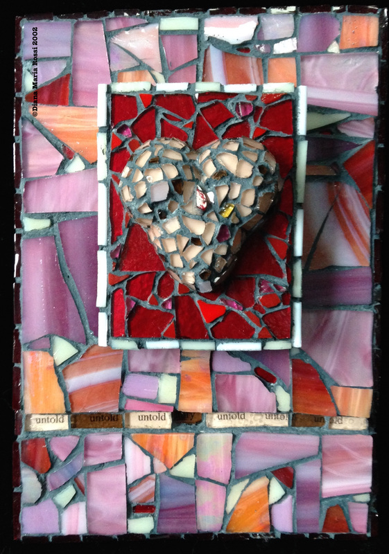 Picture of art glass mosaic on wood peach colored heart two tier with red and pink background with text: untold untold untold fury untold untold untold