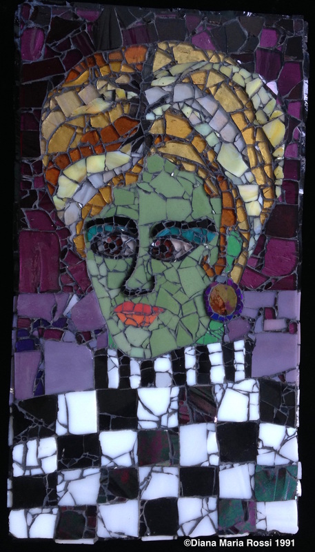 photo of glass mosaic portrain of a olive green faced woman with a yellow blond buffant hairdo with a purple background
