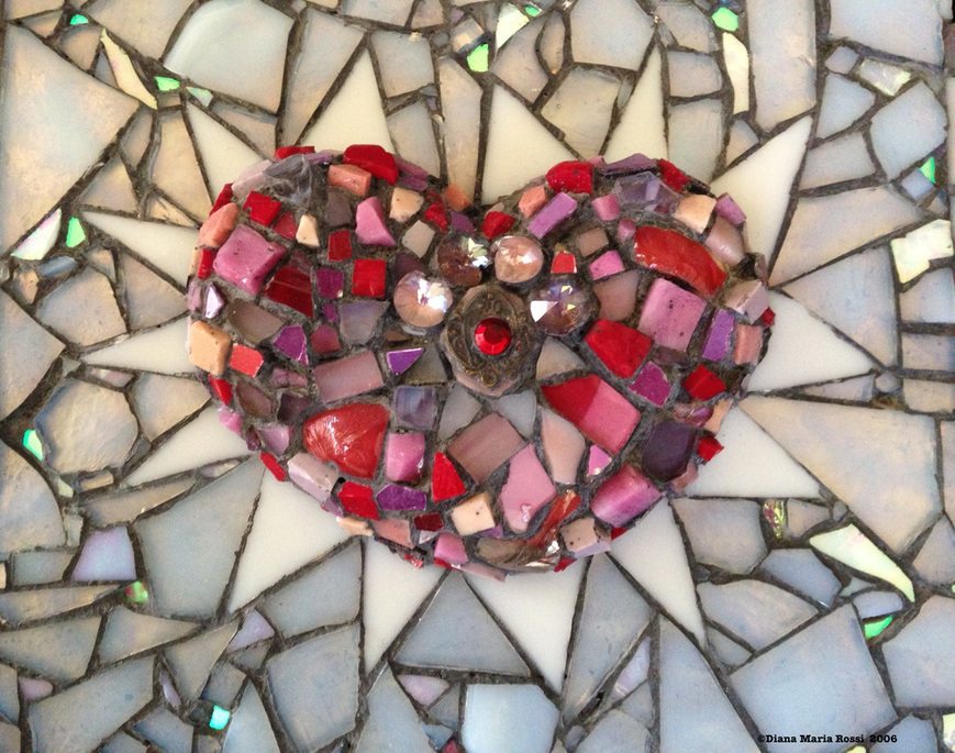Picture of art glass mosaic heart on wood different kinds of pinks with jewel on white background with white spokes