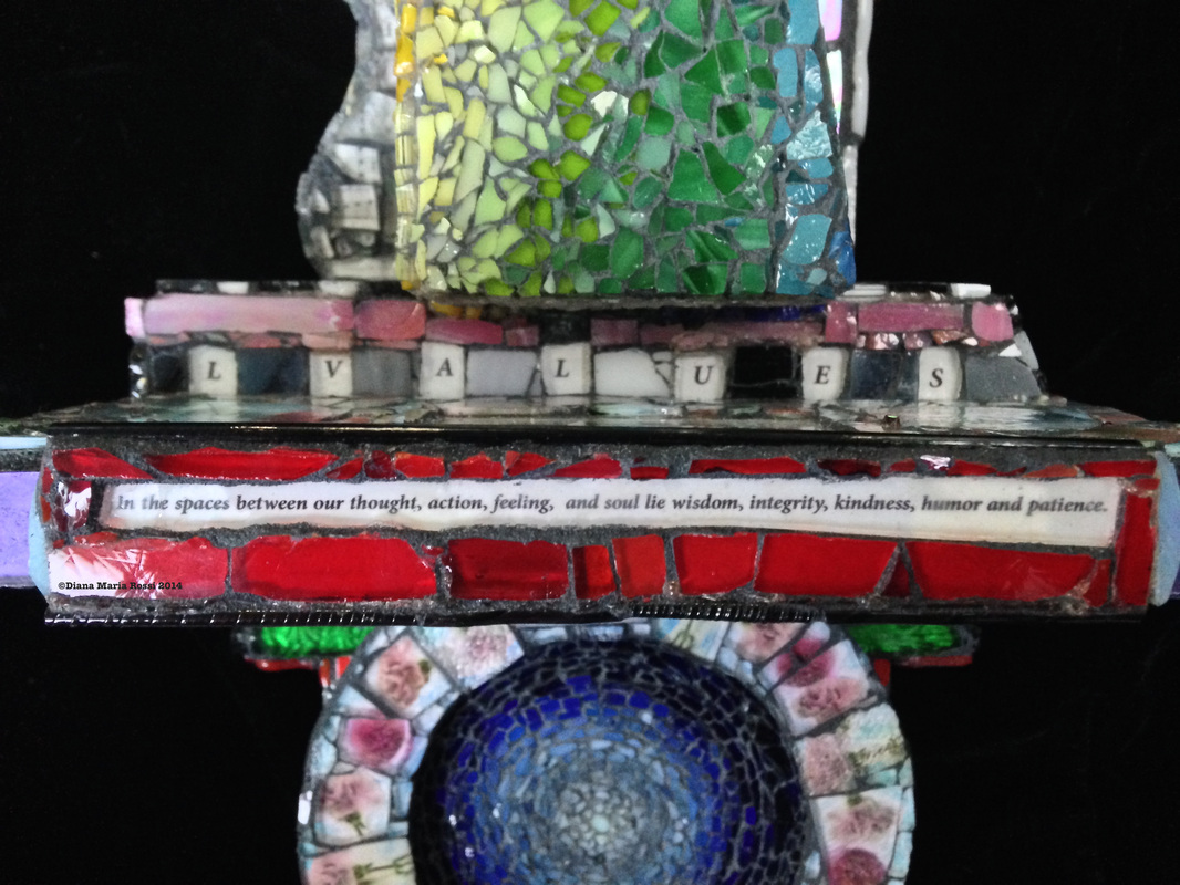 Picture of glass mosaic on wood detail round blues, different gradations of blues surround by pink roses in a garland toped by the bottom of the rainbow pyramid and text:..... l v a l u e s