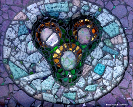 photo of detail of glass mosaic heart with halo made of text reading: I want to be in that number. There is a lavender ceramic background.