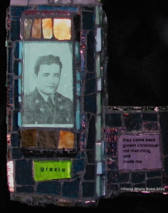 Picture of glass mosaic on wood with text and photo of air force man, Arturo Rossi in World War II grazie / they came back grown victorious not marching and made me light blue glass over photo