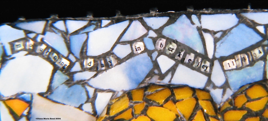 Picture of glass mosaic on wood detail of text : mourning day in berkeley 11/3/04