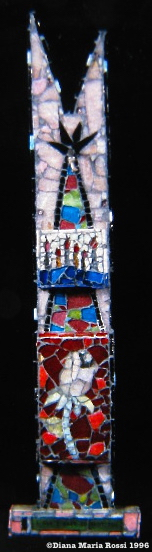 Picture of art glass mosaic on wood totem with white rose and candles and text that says I can't wait to meet you