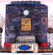 glass mosaic on wood with photos, text, silkscreen reproduction, wire, bed and beads / interior scene/ purple with bed