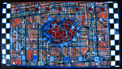Picture of art glass mosaic on wood heart red and blue and plaid wrapping paper background with black and white checks with text/ civil war sorrow