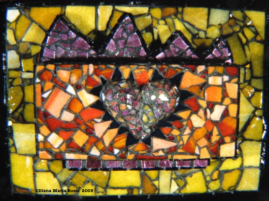Picture of art glass mosaic on wood heart yellow pink purple orange