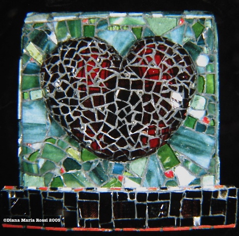 art Picture of glass mosaic on wood heart red plaid on green