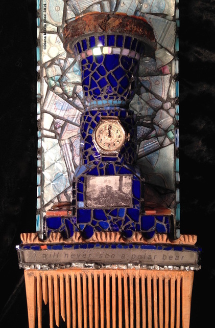 glass mosaic on wood / detail/ wooden fountain with watch and photo of miner drinking and comb on bottom