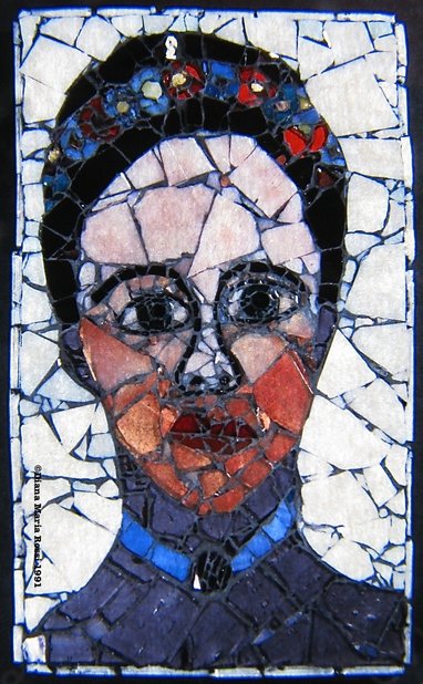 mosaic portrain with pink face and brown hair with a red and blue garland in her hair with a white background