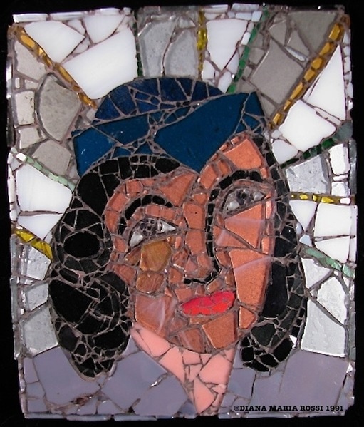 mosaic portrait of a woman with copper colored skin, black hair, violet eyes, navy blue pseudo 1940's navy hat, in a violet dress with a white and grey background laid out in spokes separated by yello and green