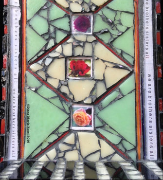 photo of glass mosaic, this is a detail and includes the background section which is cream colored and minty green. The cream and green are in a diamond pattern similar to the Jacob's Ladder string game. There are three photographs of roses set into the diamonds or between them.