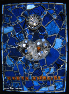 Picture of art glass mosaic on wood little grey heart with nails in it and orb in sky with cobalt blue background and drawing under glass and text that reads: mater dolorosa