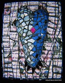 Picture art glass mosaic on wood heart half minty green and half medium blue with hot pink diamond in center clear glass background steamed with black pink and green with text showing through: text reads: “Amor ch’a nullo amato amor perdona” “Love, which insists that love love shall mutual be.” “Love, that excuses no one loved from loving.” “Love, that denial takes from none beloved.”   by Dante Alighieri  from Inferno (Canto V, 103)