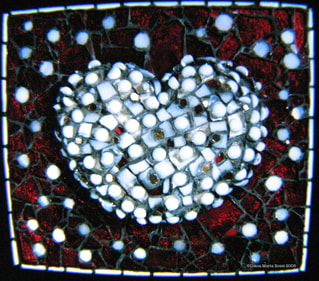 Picture of art glass mosaic on wood white heart with dots and red background with white circles