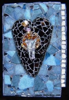 Picture of art glass mosaic on wood brown heart with tooth with halo in the middle with blue aqua background with white smelt like teeth on the side