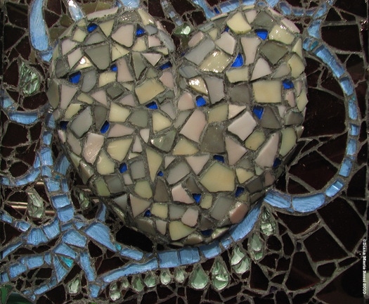 Picture of art glass mosaic on wood detail of grey heart with teardrops/waterdrops
